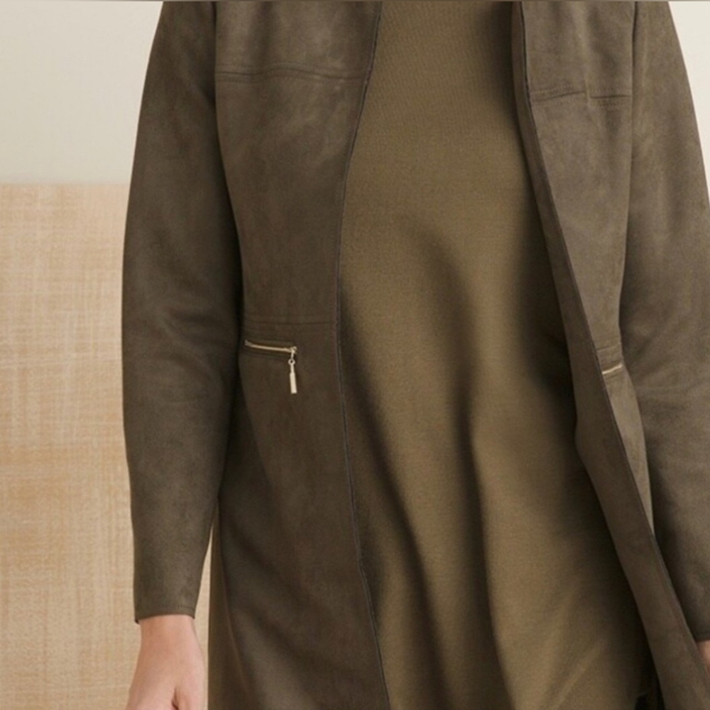 Chico’s Faux Suede Olive Green Topper Jacket Coat Size 16 XL Open Front